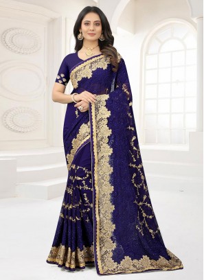 Classic Saree Resham Georgette in Navy Blue