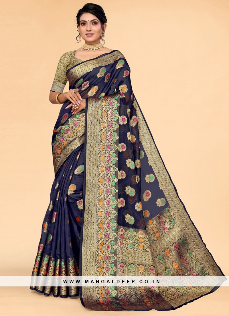 Classic Saree Woven Organza in Navy Blue
