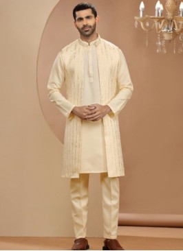 Classic Silk Cream Indowestern Suit For Wedding