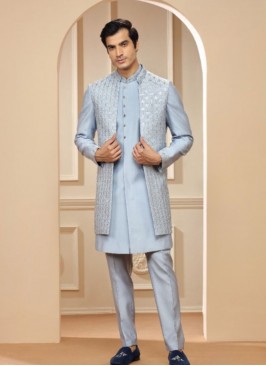 Classic Sky Blue Silk Indowestern Suit For Festiva