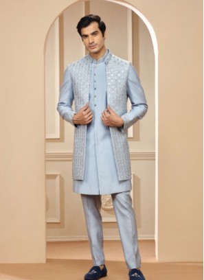 Classic Sky Blue Silk Indowestern Suit For Festival