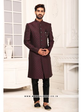 Classic Wine Indo Western Shervani in Imported Jacquard Brocade With Aligadhi Pant