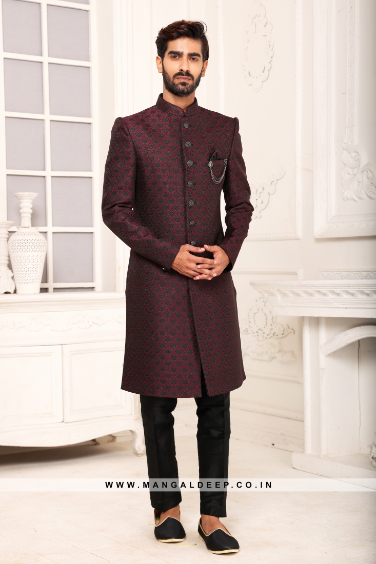 Classic Wine Indo Western Shervani in Imported Jacquard Brocade With Aligadhi Pant