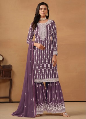 Classical Embroidered Purple Faux Georgette Salwar Kameez