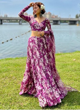 Classical Floral Print Purple Organza Lehenga Choli