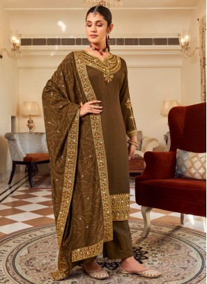 Classical Green Thread Work Vichitra Silk Salwar Suit