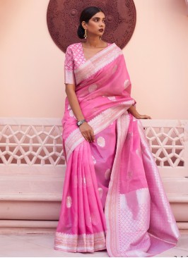 Classical Linen Weaving Pink Contemporary Style Saree