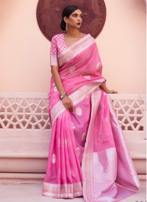 Classical Linen Weaving Pink Contemporary Style Saree