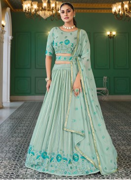 Classy Aqua Blue Sequins Georgette Trendy Lehenga Choli