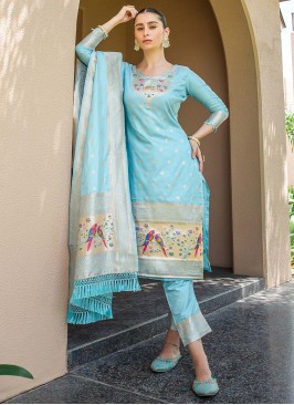 Classy Banarasi Silk Blue Woven Pant Style Suit