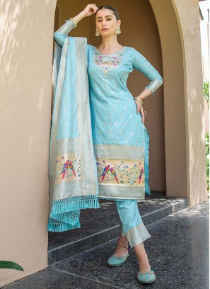 Classy Banarasi Silk Blue Woven Pant Style Suit