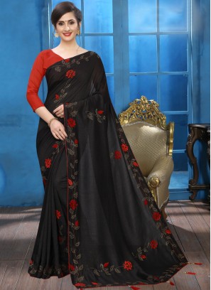 Classy Black Embroidered Silk Classic Designer Saree