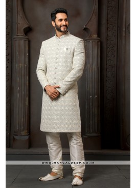 Classy Light Grey Embroidered Art Silk Wedding Wear Indo Western Sherwani