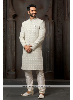Classy Light Grey Embroidered Art Silk Wedding Wear Indo Western Sherwani