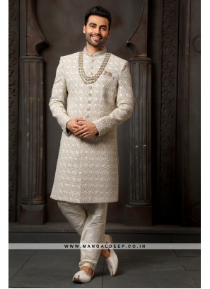 Classy Grey Embroidered Art Silk Wedding Wear Indo Western Sherwani