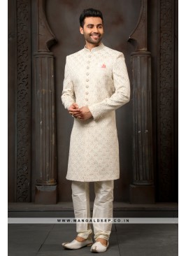 Classy Cream Embroidered Art Silk Wedding Wear Indo Western Sherwani