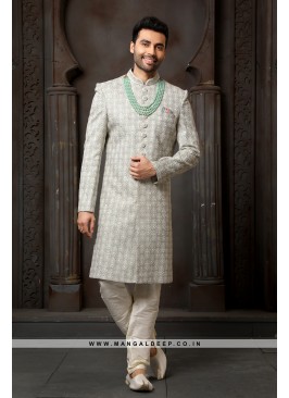 Classy Grey Embroidered Art Silk Wedding Wear Indo