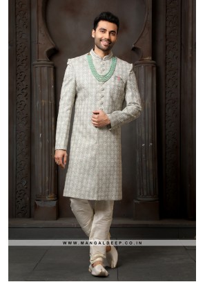 Classy Grey Embroidered Art Silk Wedding Wear Indo Western Sherwani