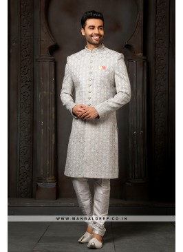 Classy Cream Embroidered Art Silk Wedding Wear Indo Western Sherwani