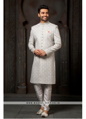 Classy Cream Embroidered Art Silk Wedding Wear Indo Western Sherwani