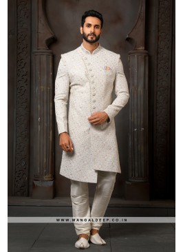 Classy Sky Blue Embroidered Art Silk Wedding Wear Indo Western Sherwani