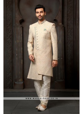 Classy Beige Embroidered Art Silk Wedding Wear Indo Western Sherwani