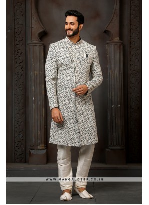 Classy Cream Embroidered Art Silk Wedding Wear Indo Western Sherwani