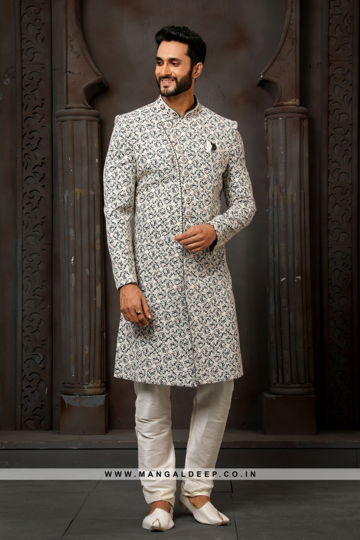 Traditional Indian Men's Sherwani with Georgette Top and Art Silk