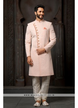 Classy Dark Peach Embroidered Georgette Wedding Wear Sherwani