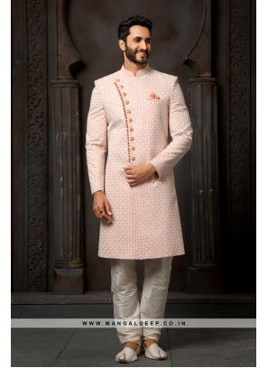 Classy Dark Peach Embroidered Georgette Wedding Wear Sherwani