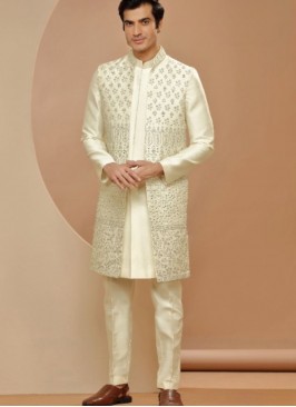 Classy Cream Indowestern Suit In Silk
