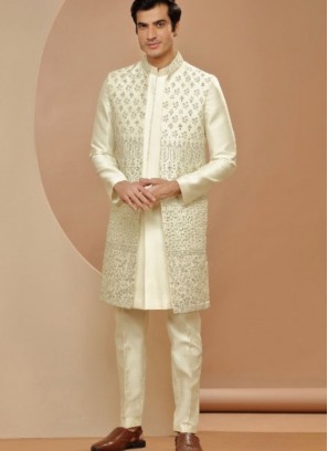 Classy Cream Indowestern Suit In Silk