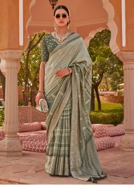 Classy Foil Print Sea Green Silk Trendy Saree