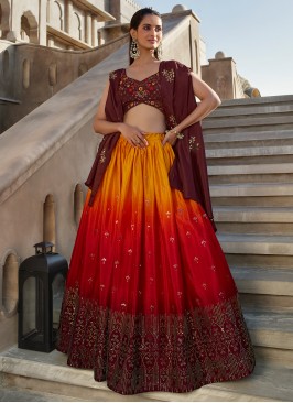 Classy Orange Wine Embroidered Georgette Festive Wear Lehenga Choli