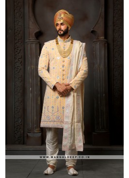 Classy Yellow Embroidered Georgette Wedding Wear Sherwani