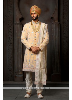 Classy Yellow Embroidered Georgette Wedding Wear Sherwani