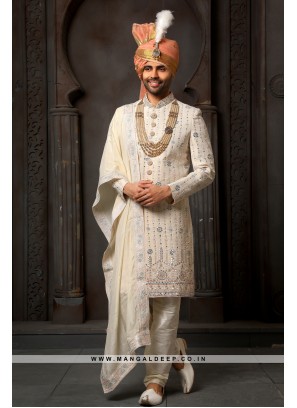 Classy Cream Embroidered Georgette Wedding Wear Sherwani