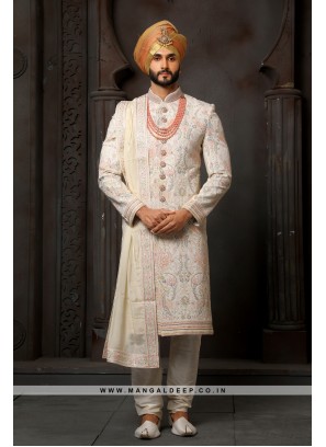 Classy Cream Embroidered Georgette Wedding Wear Sherwani