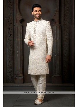 Classy Cream Embroidered Georgette Wedding Wear Sherwani