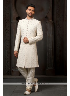 Classy Cream Embroidered Georgette Wedding Wear Sherwani