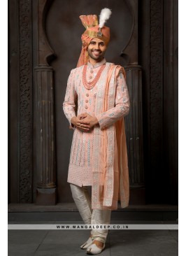 Classy peach Embroidered Georgette Wedding Wear Sherwani