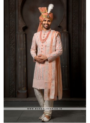 Classy peach Embroidered Georgette Wedding Wear Sherwani