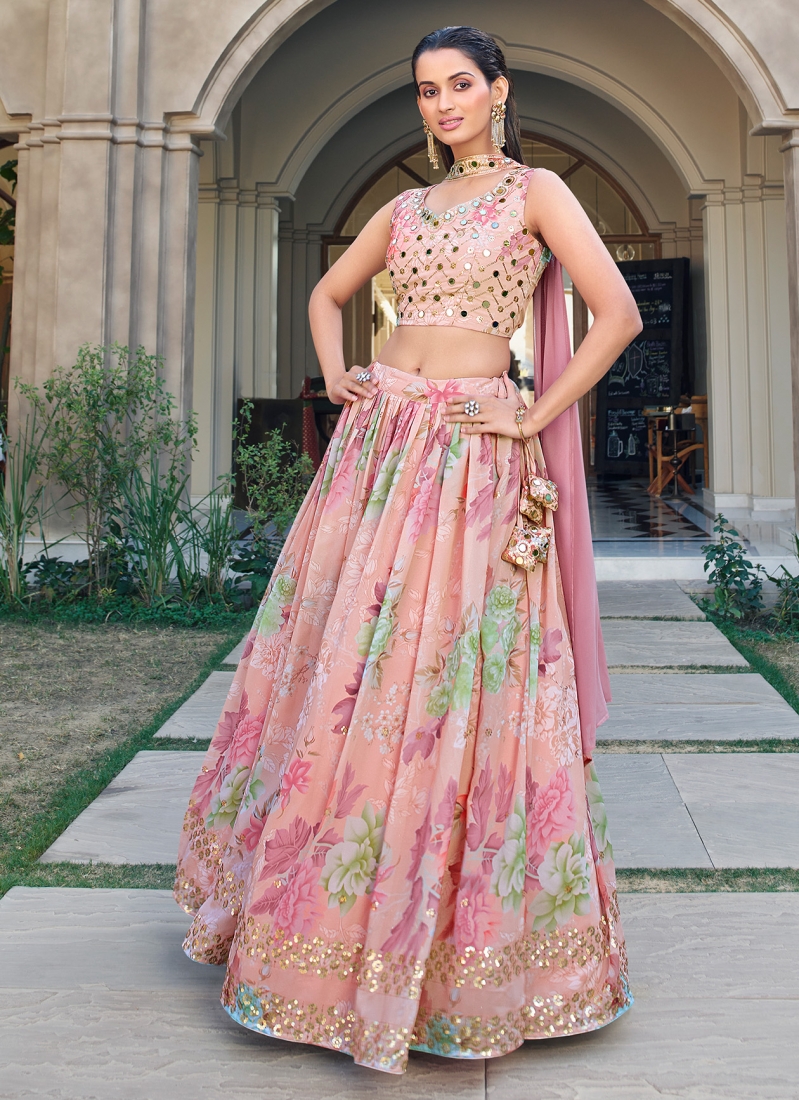 Classy Pink Embroidered Georgette Festive Wear Lehenga Choli