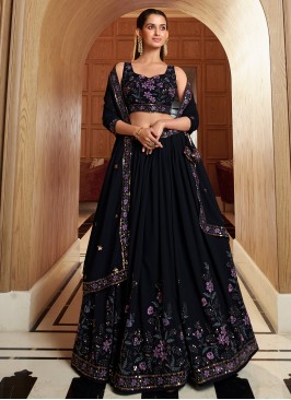 Classy Blue Embroidered Georgette Festive Wear Lehenga Choli