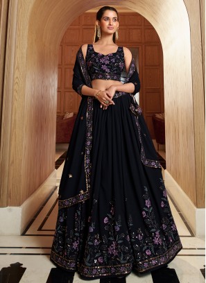 Classy Blue Embroidered Georgette Festive Wear Lehenga Choli