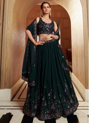 Classy Green Embroidered Georgette Festive Wear Lehenga Choli