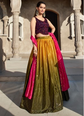 Classy Mustared Olive Embroidered Georgette Festive Wear Lehenga Choli