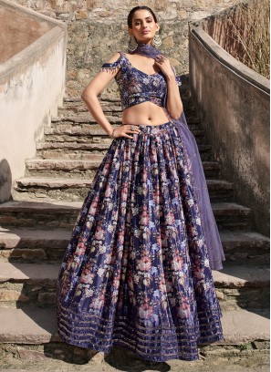 Classy Purple Embroidered Georgette Festive Wear Lehenga Choli