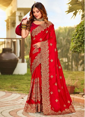 Classy Red Zari Satin Classic Saree