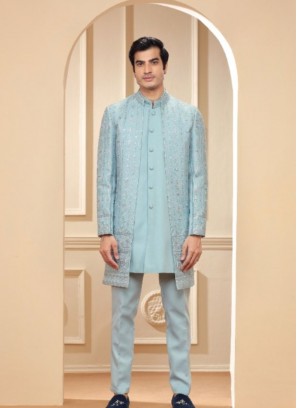 Classy Sky Blue Terry Rayon Indowestern Suit